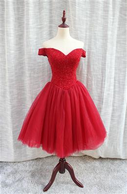 Picture of Gorgeous Sparkle Beaded Off Shoulder Red Color Formal Dresses, Red Color Homecoming Dress